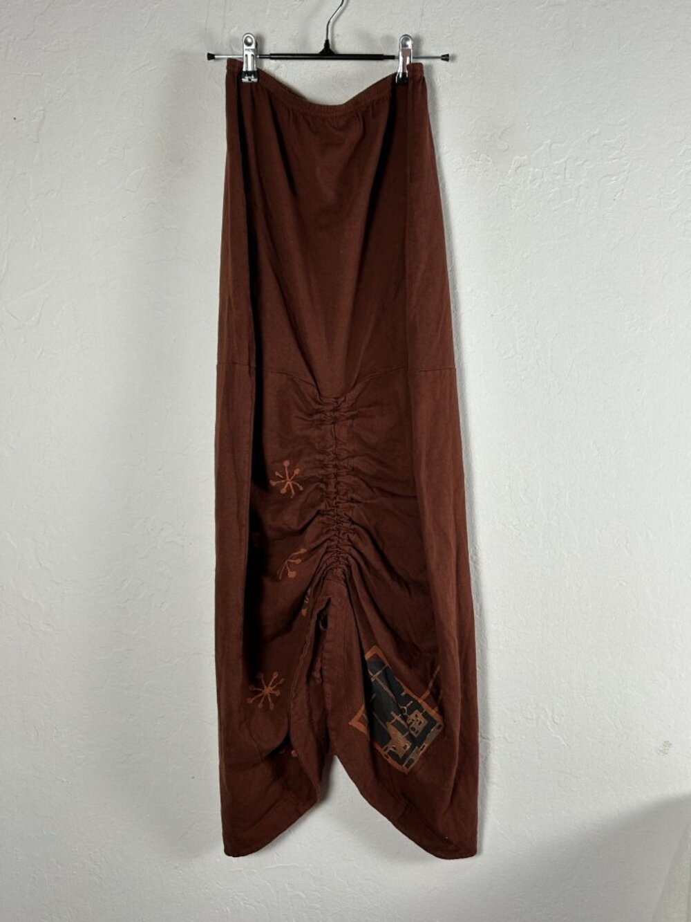 Blue Fish Women Brown Hand Printed Organic Cotton Ruched Draped Midi Skirt Artsy